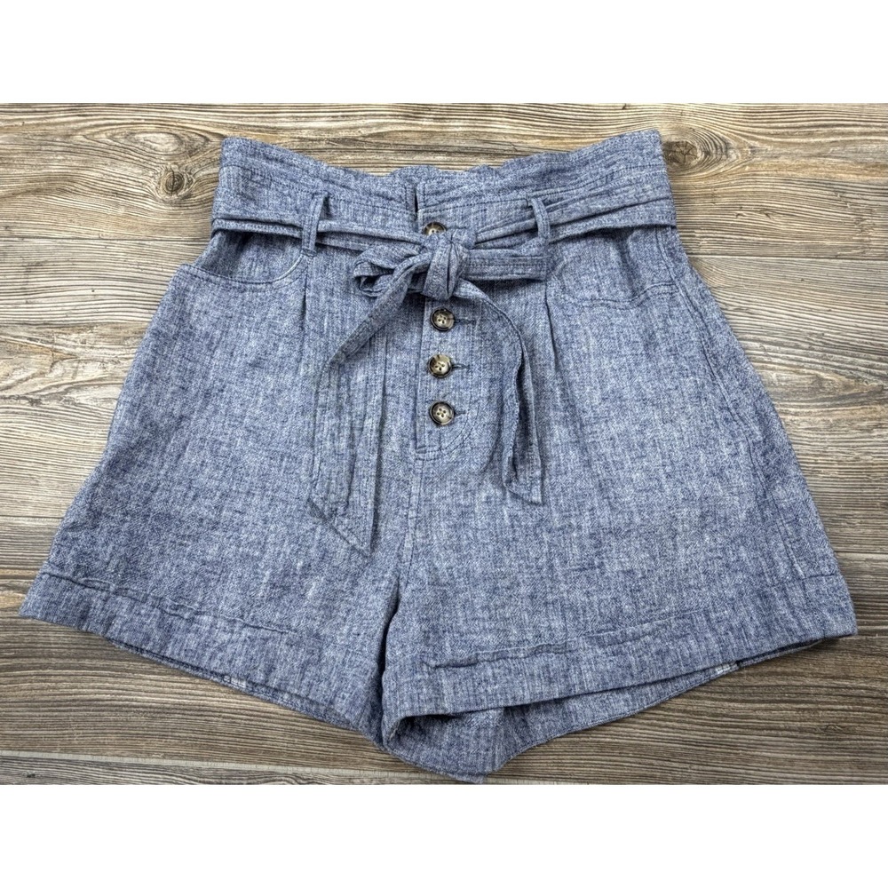 Express Shorts‎ Shortie Extreme High Rise Blue Linen Blend Belted Pockets Small